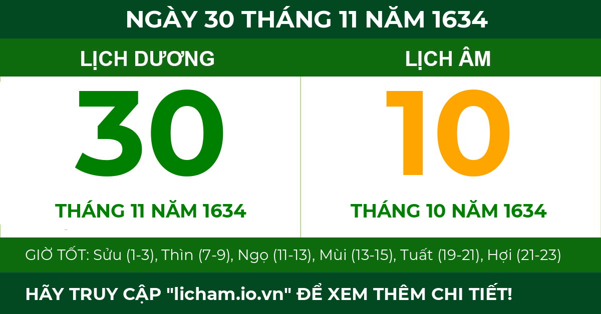lịch âm ngày 30 tháng 11 năm 1634