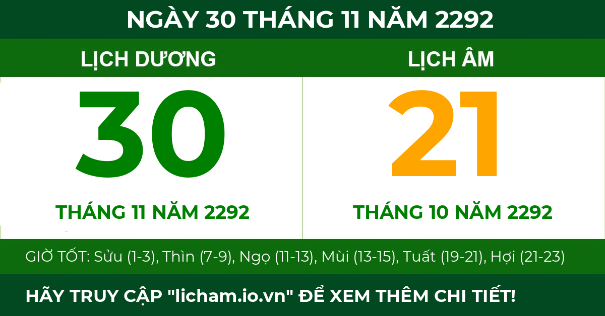 lịch âm ngày 30 tháng 11 năm 2292
