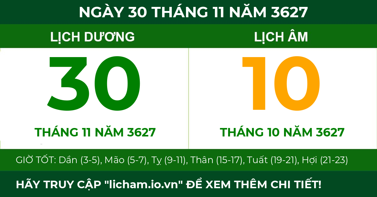 lịch âm ngày 30 tháng 11 năm 3627