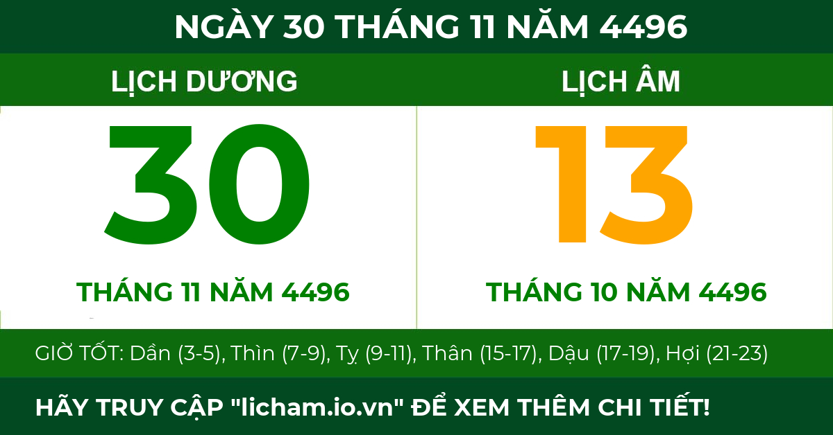 lịch âm ngày 30 tháng 11 năm 4496