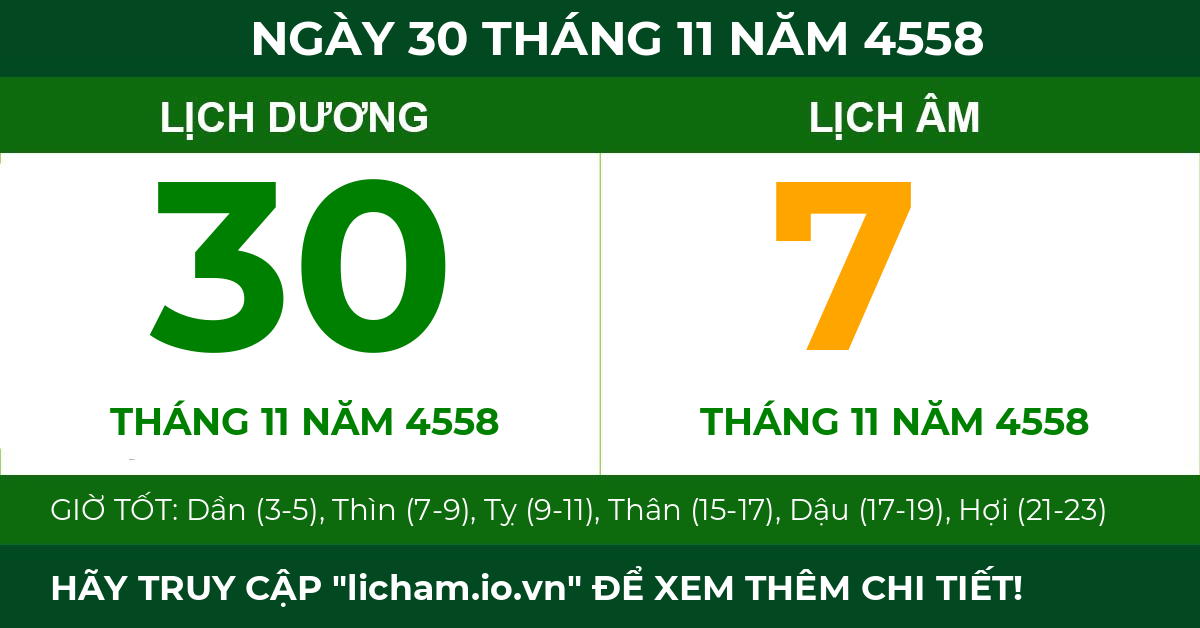 lịch âm ngày 30 tháng 11 năm 4558