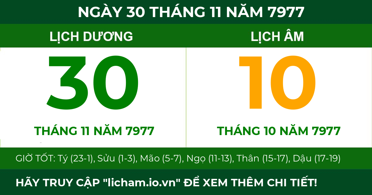 lịch âm ngày 30 tháng 11 năm 7977