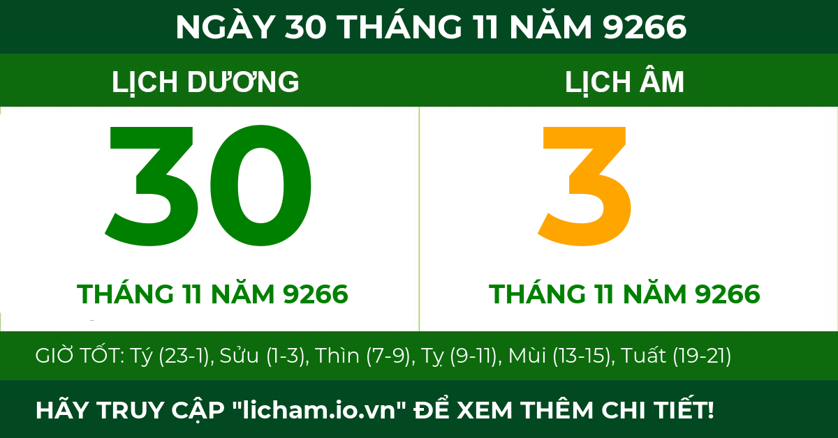 lịch âm ngày 30 tháng 11 năm 9266