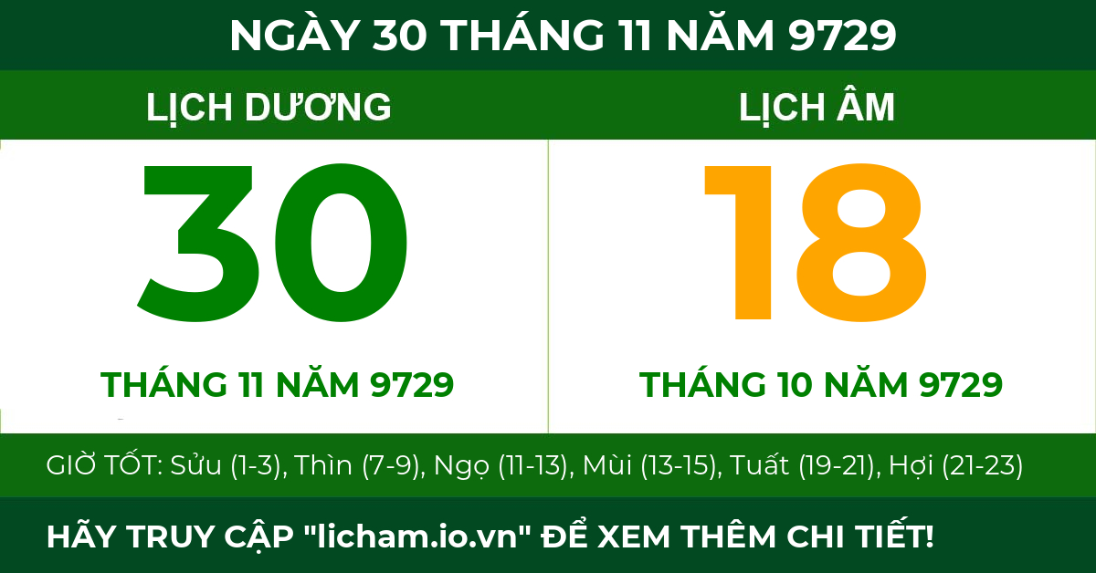 lịch âm ngày 30 tháng 11 năm 9729