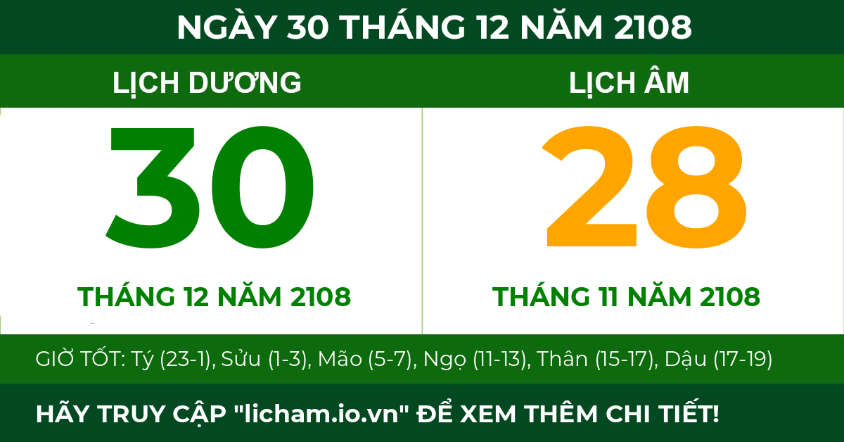 lịch âm ngày 30 tháng 12 năm 2108