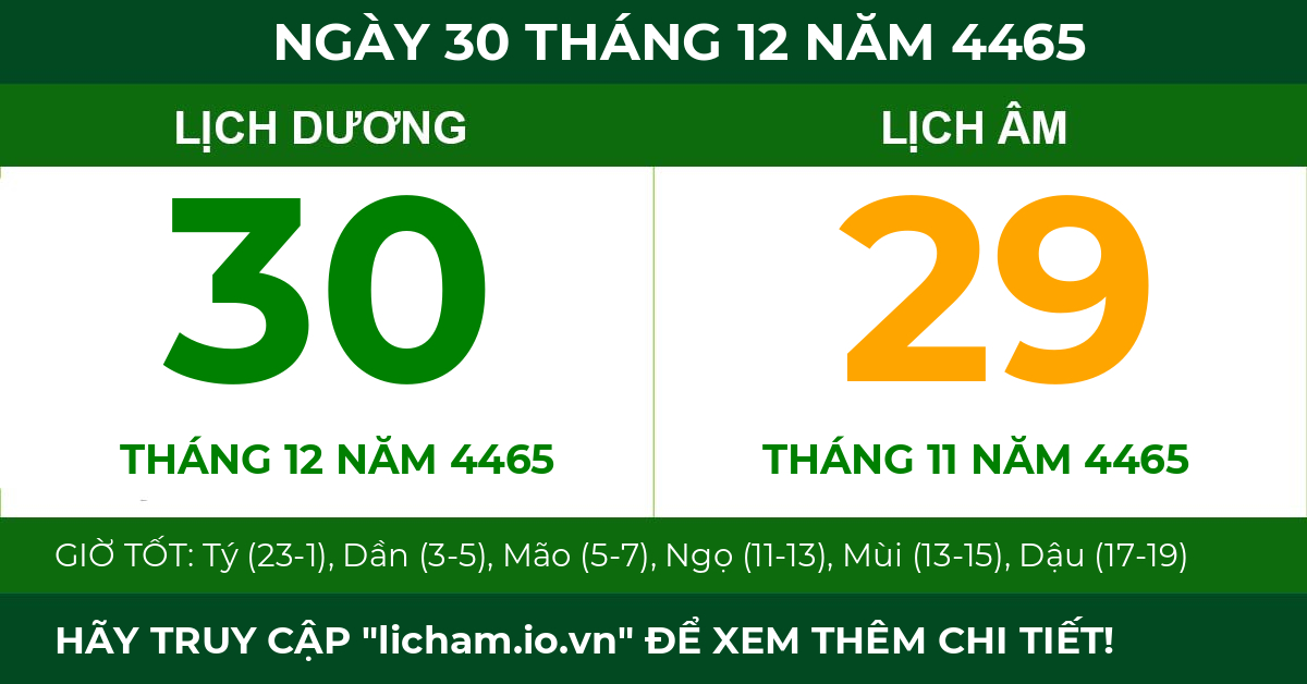 lịch âm ngày 30 tháng 12 năm 4465