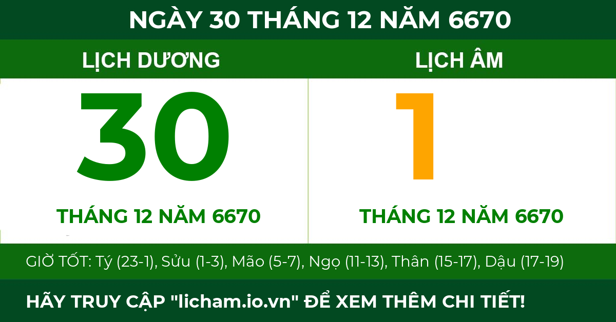 lịch âm ngày 30 tháng 12 năm 6670