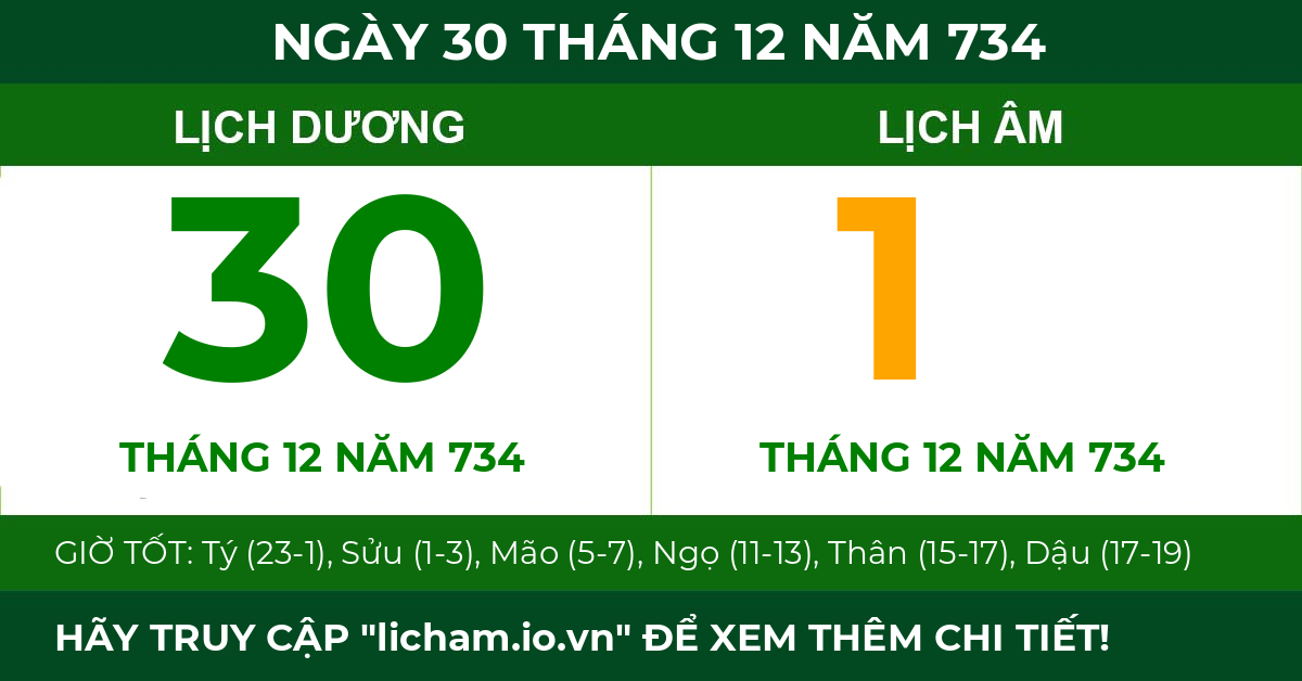 lịch âm ngày 30 tháng 12 năm 734