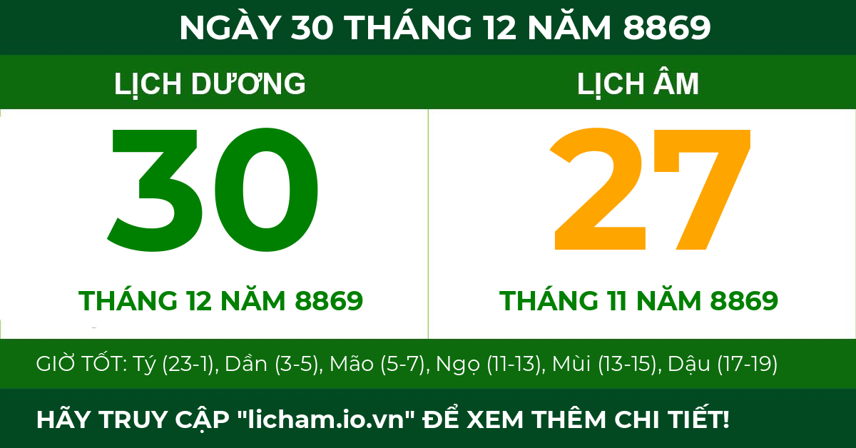 lịch âm ngày 30 tháng 12 năm 8869