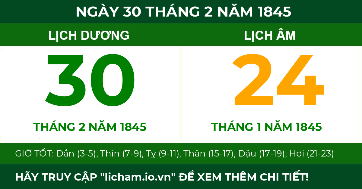 lịch âm ngày 30 tháng 2 năm 1845