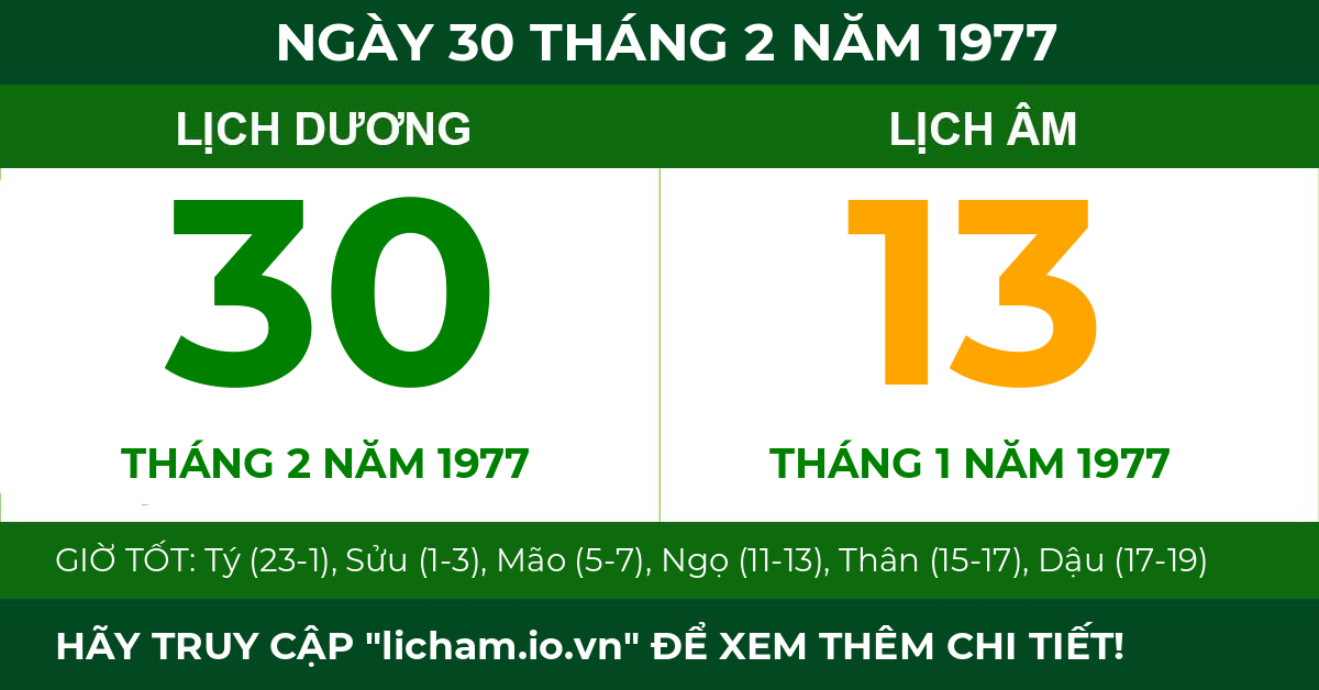 lịch âm ngày 30 tháng 2 năm 1977
