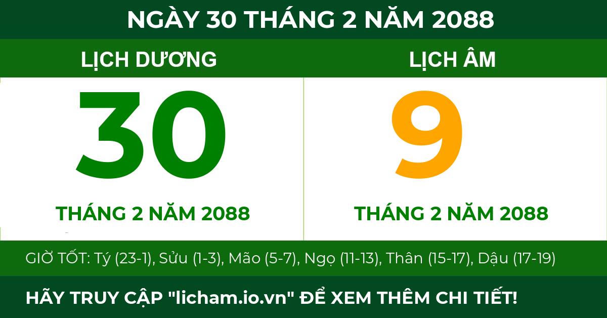 lịch âm ngày 30 tháng 2 năm 2088