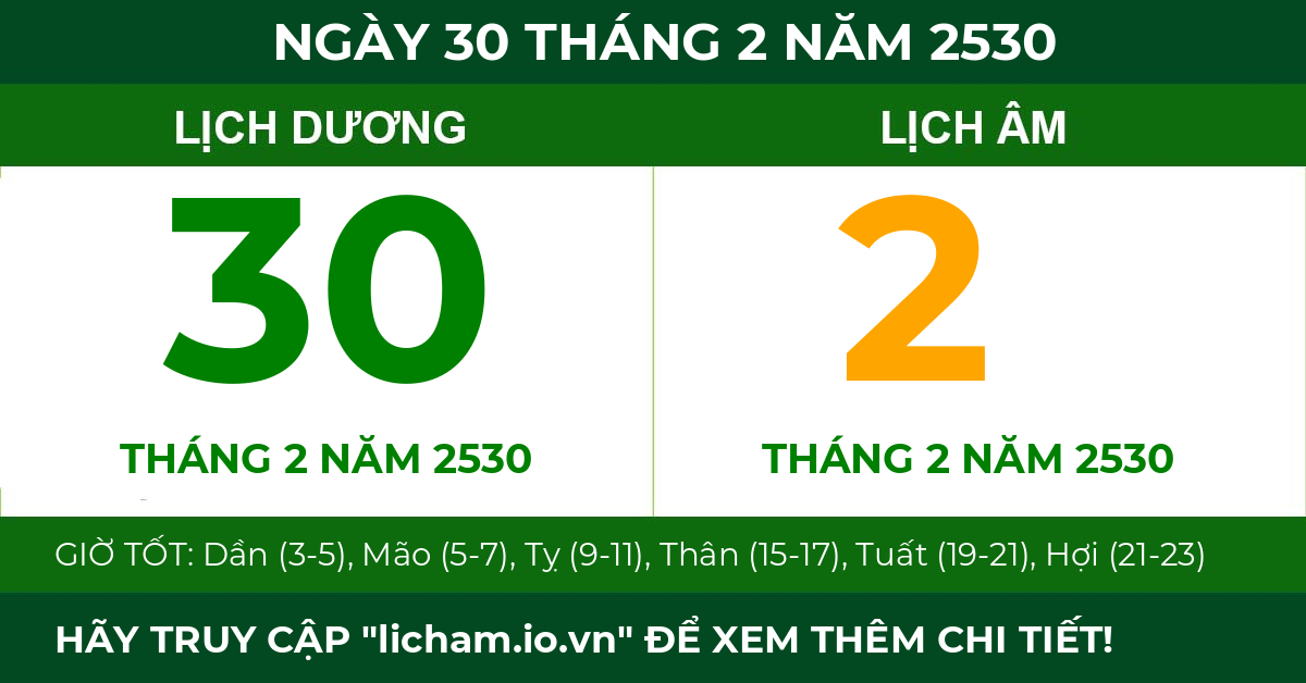 lịch âm ngày 30 tháng 2 năm 2530