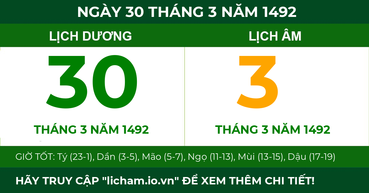 lịch âm ngày 30 tháng 3 năm 1492