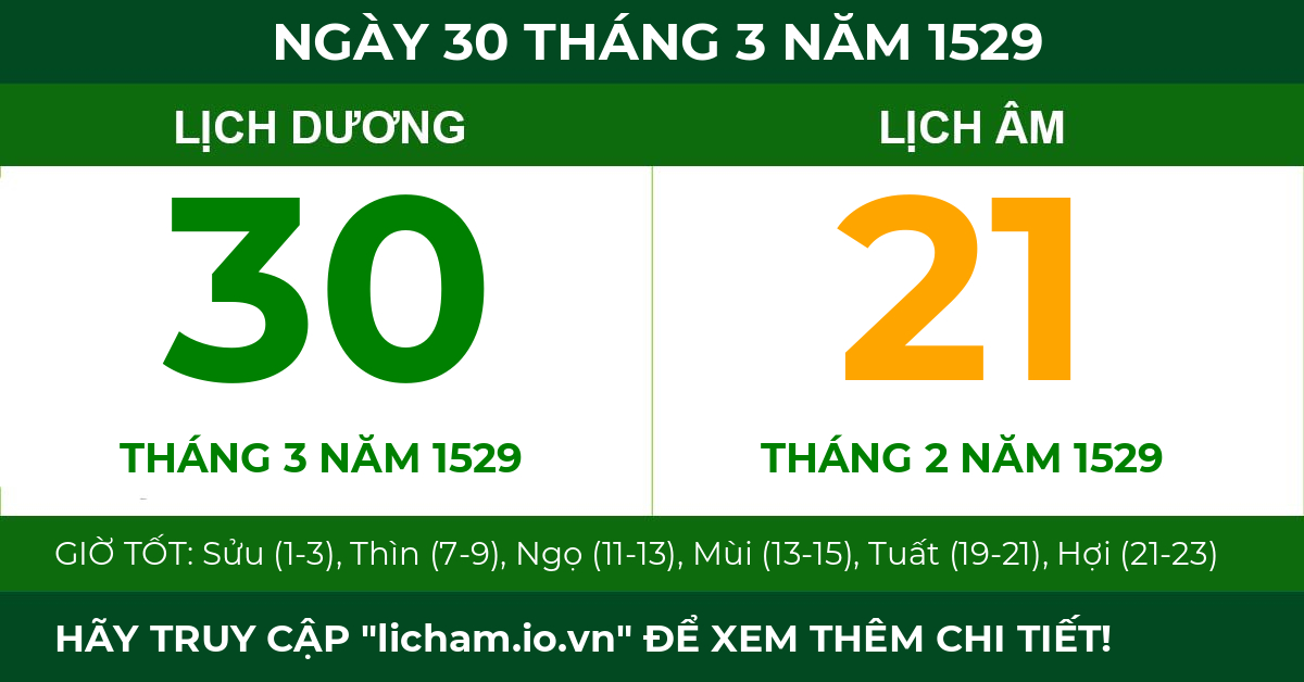 lịch âm ngày 30 tháng 3 năm 1529