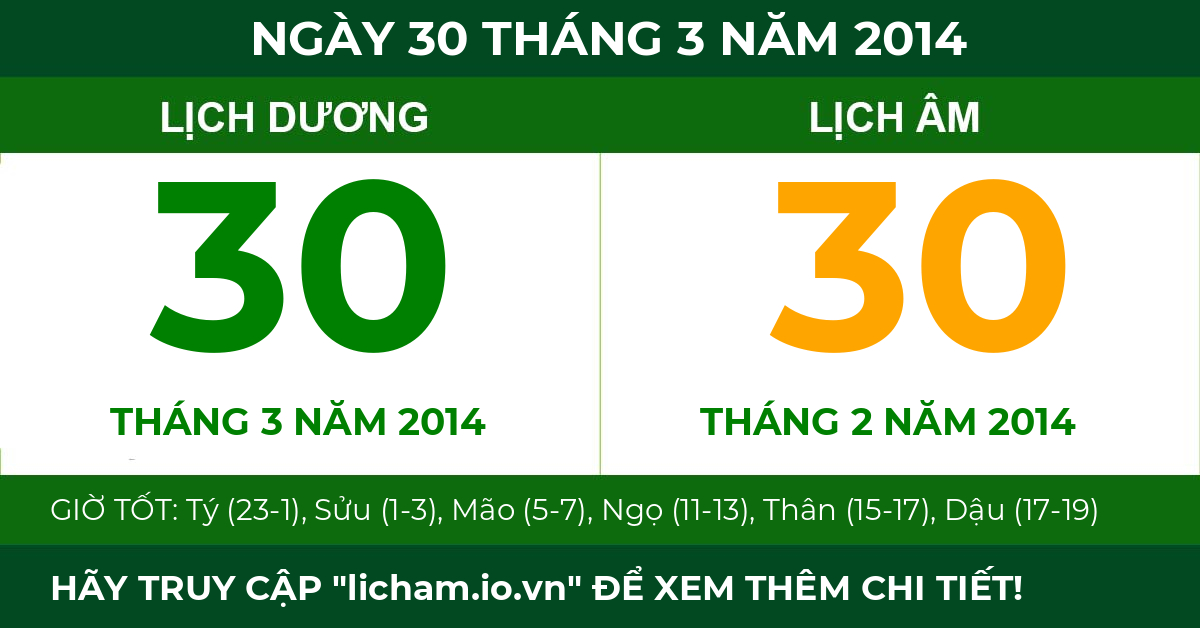 lịch âm ngày 30 tháng 3 năm 2014