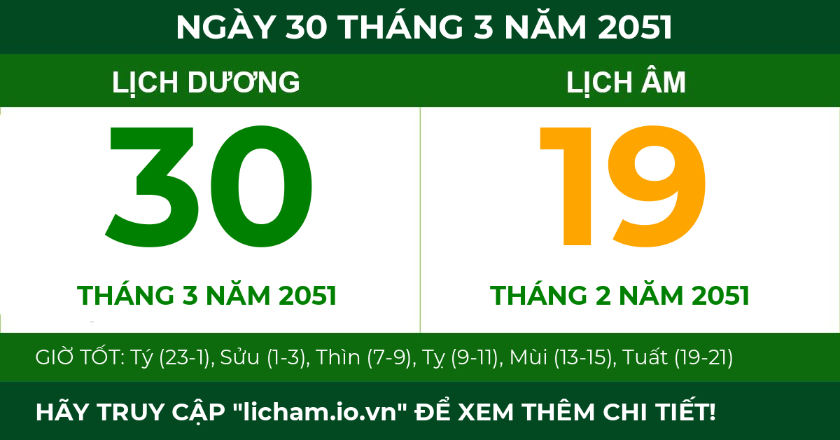 lịch âm ngày 30 tháng 3 năm 2051