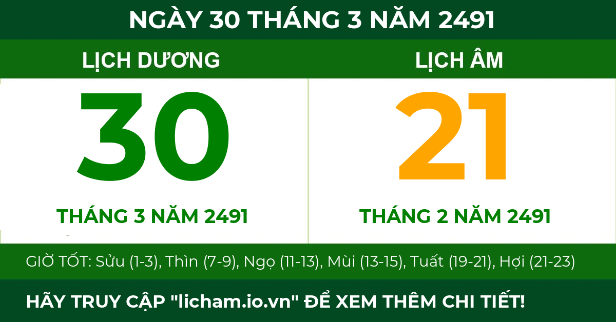 lịch âm ngày 30 tháng 3 năm 2491