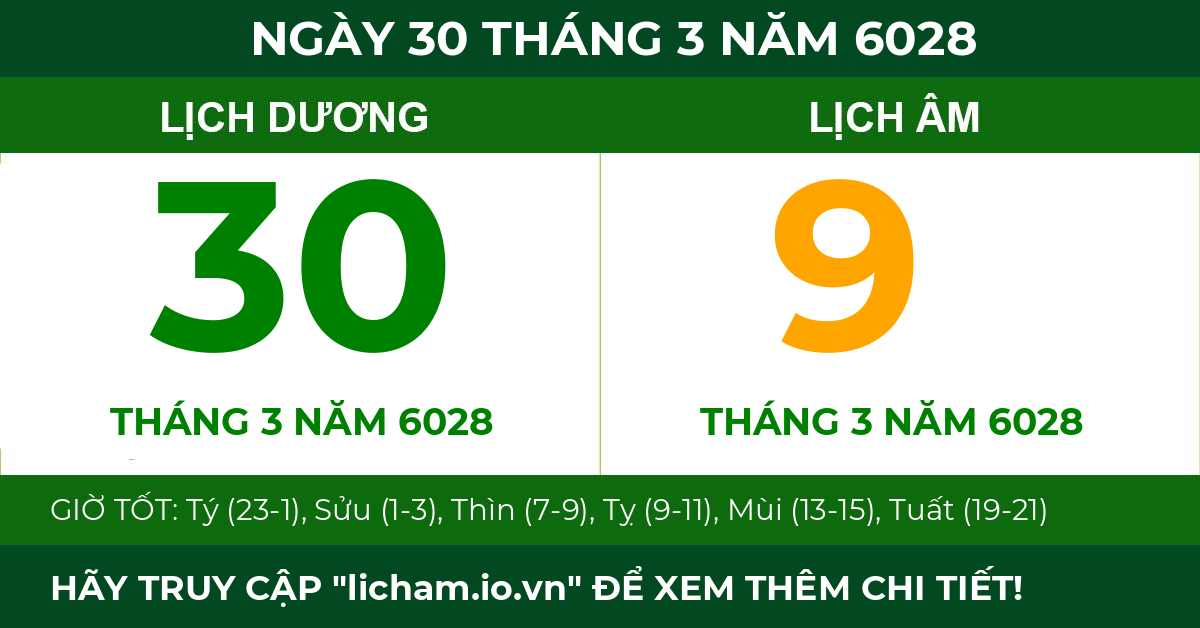 lịch âm ngày 30 tháng 3 năm 6028