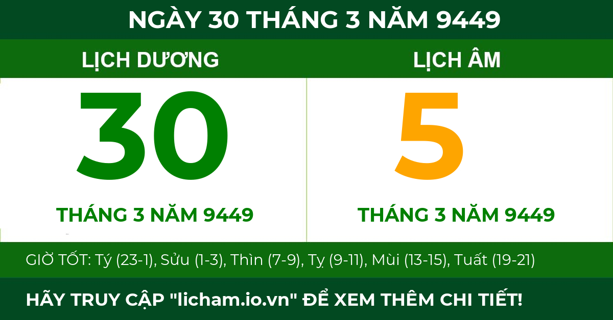 lịch âm ngày 30 tháng 3 năm 9449