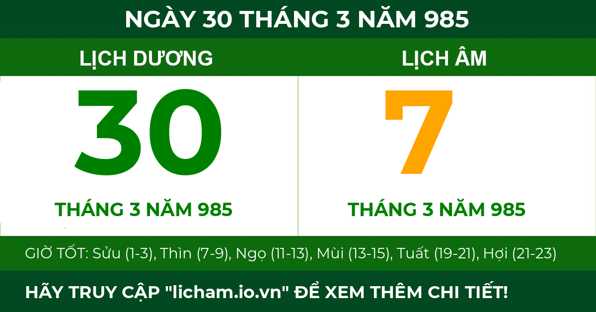 lịch âm ngày 30 tháng 3 năm 985