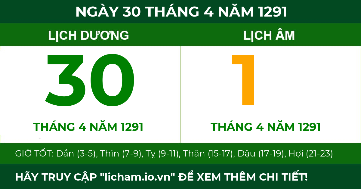 lịch âm ngày 30 tháng 4 năm 1291