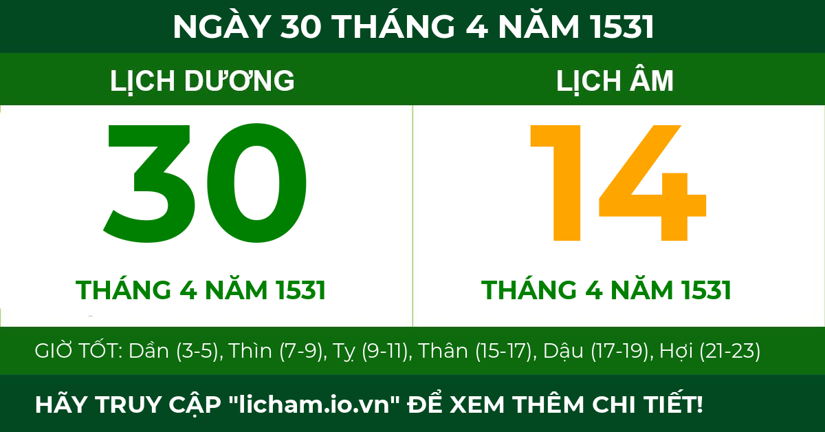 lịch âm ngày 30 tháng 4 năm 1531
