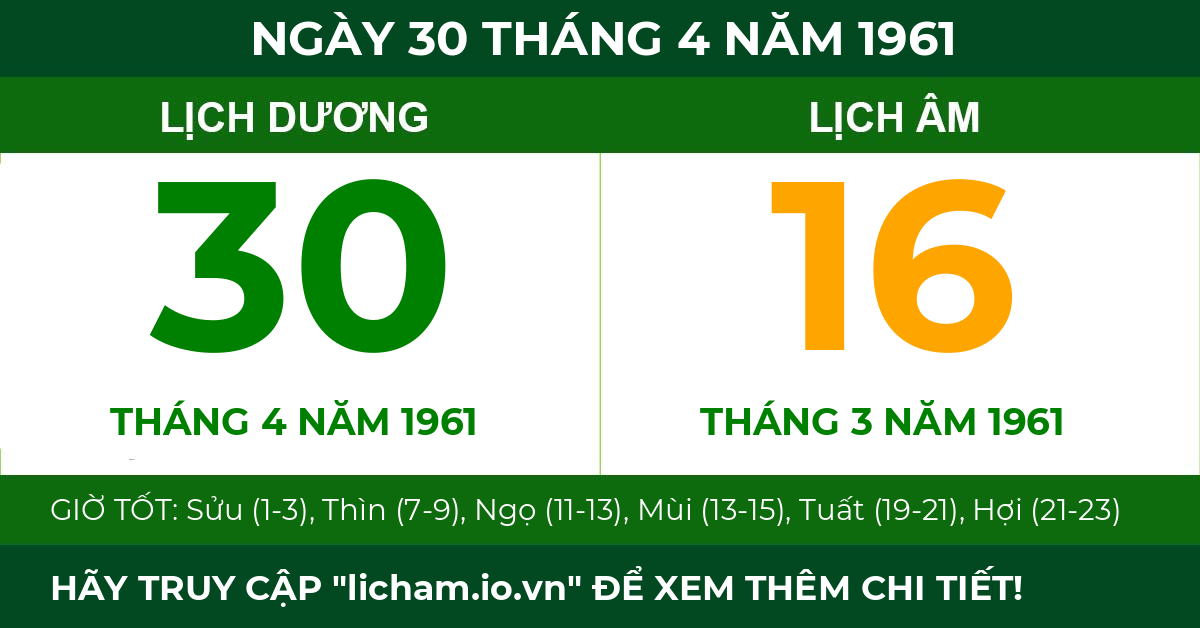 lịch âm ngày 30 tháng 4 năm 1961