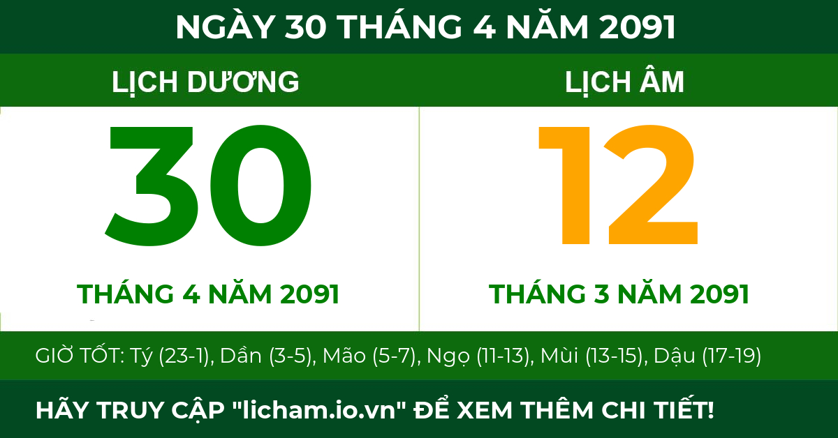 lịch âm ngày 30 tháng 4 năm 2091