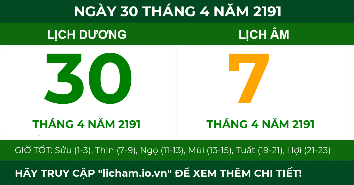 lịch âm ngày 30 tháng 4 năm 2191