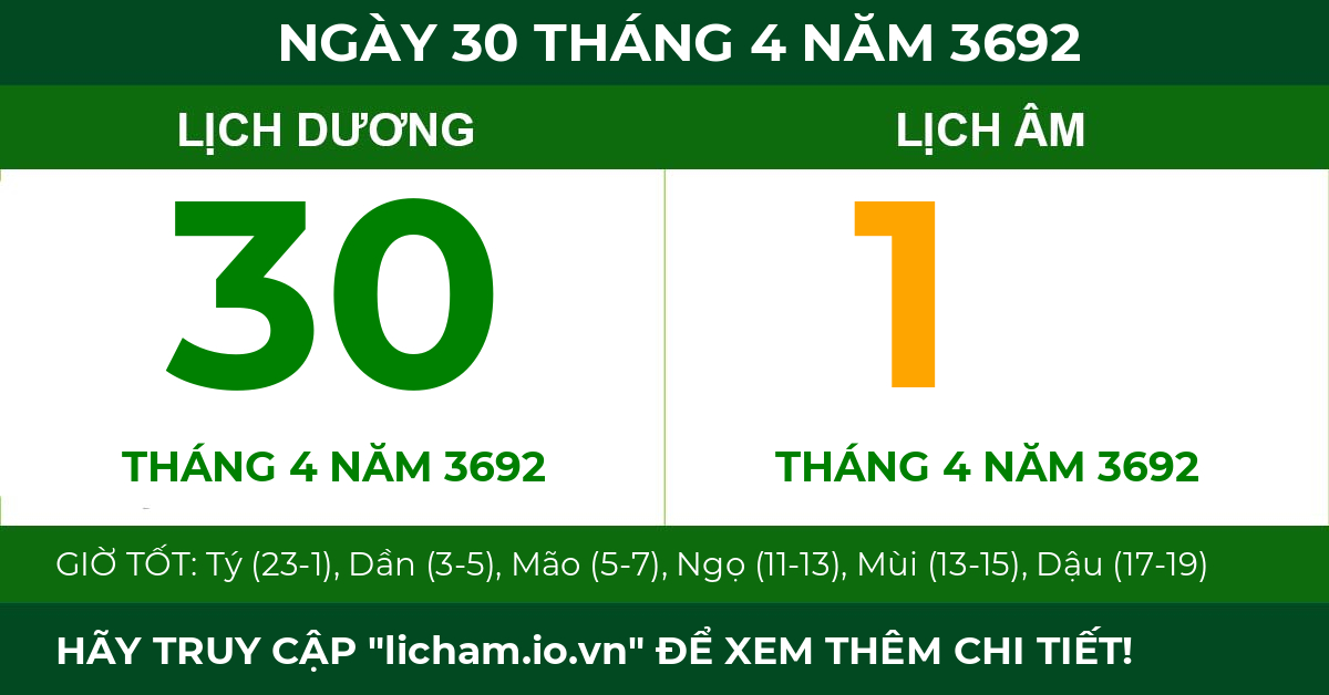 lịch âm ngày 30 tháng 4 năm 3692
