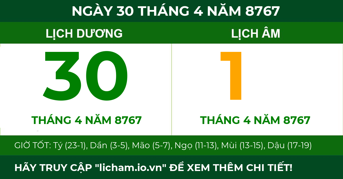 lịch âm ngày 30 tháng 4 năm 8767