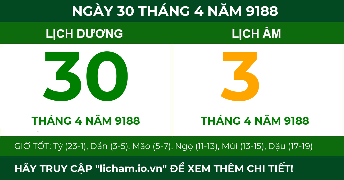 lịch âm ngày 30 tháng 4 năm 9188