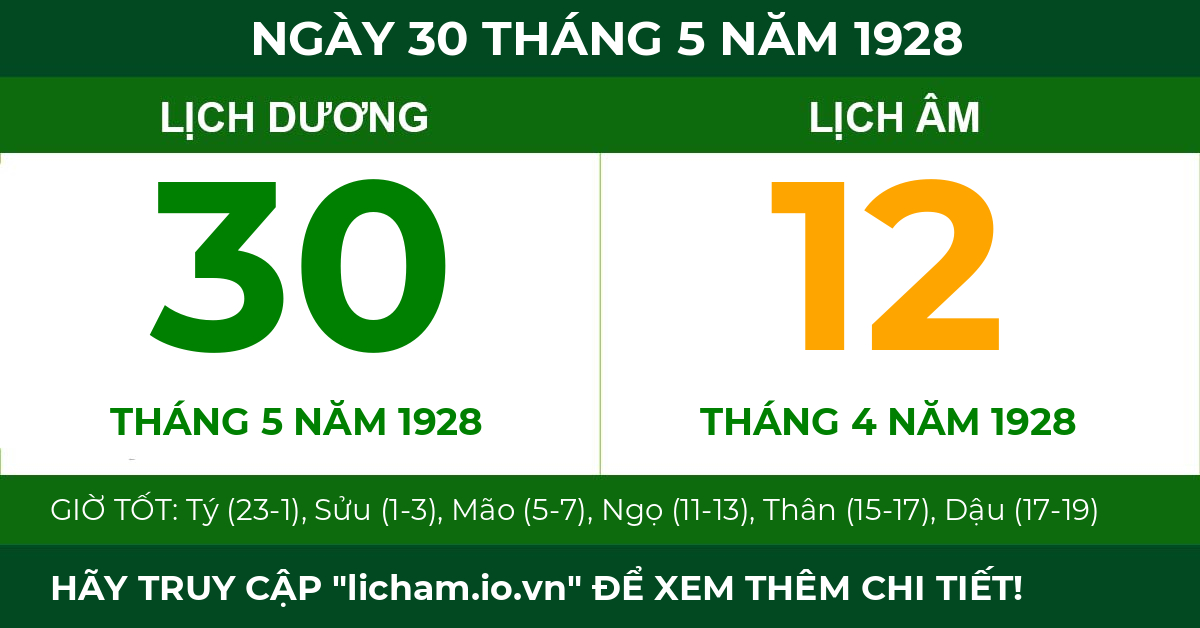 lịch âm ngày 30 tháng 5 năm 1928