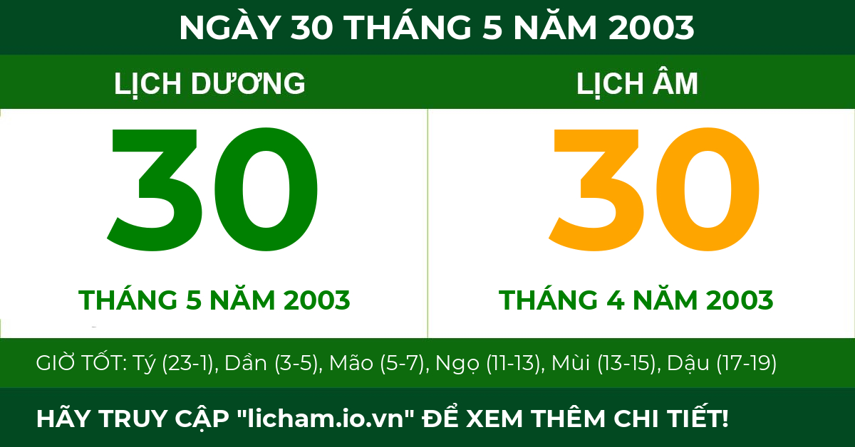 lịch âm ngày 30 tháng 5 năm 2003