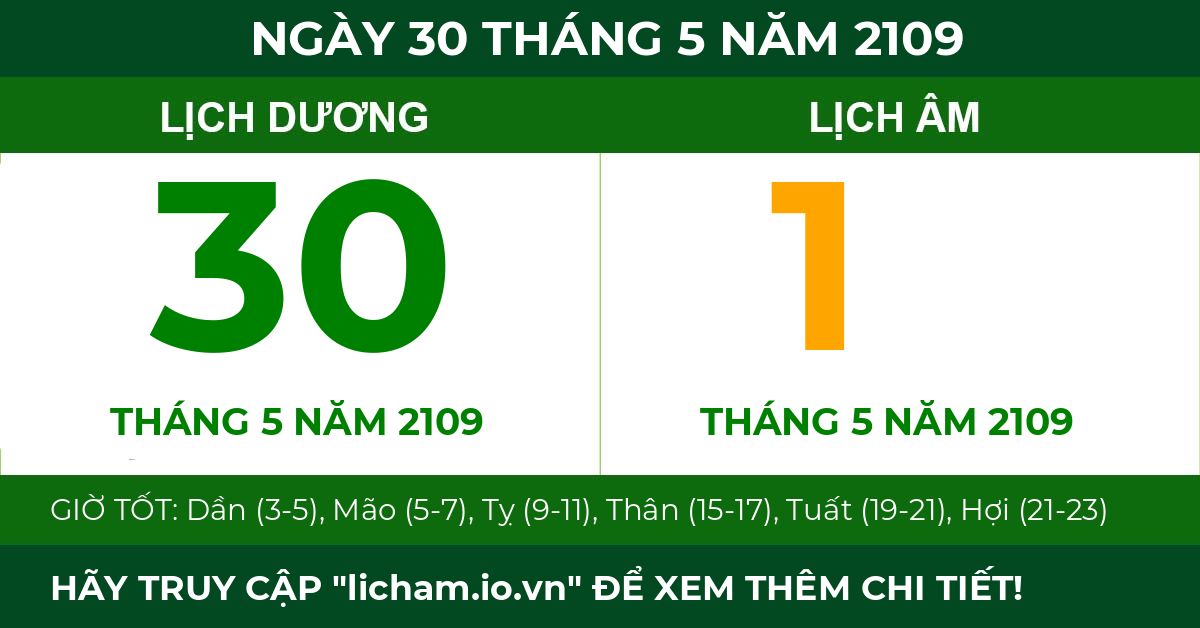lịch âm ngày 30 tháng 5 năm 2109