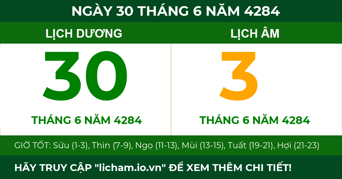 lịch âm ngày 30 tháng 6 năm 4284