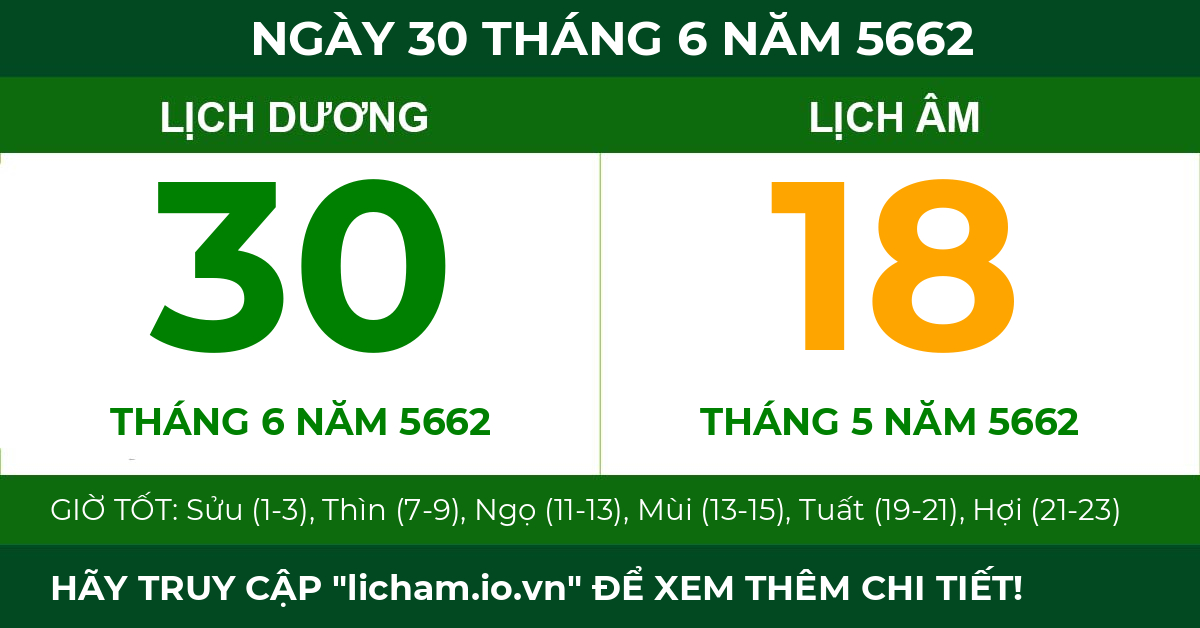 lịch âm ngày 30 tháng 6 năm 5662