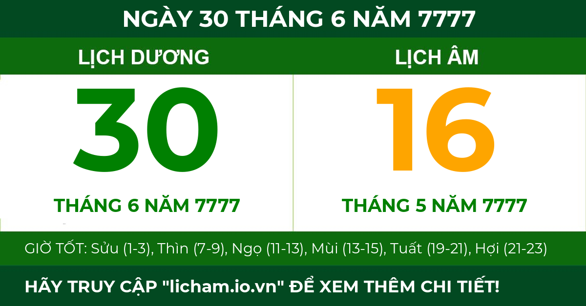 lịch âm ngày 30 tháng 6 năm 7777