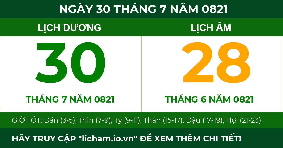 lịch âm ngày 30 tháng 7 năm 0821