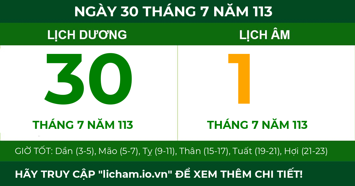 lịch âm ngày 30 tháng 7 năm 113