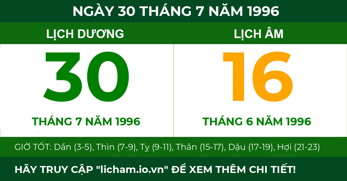 lịch âm ngày 30 tháng 7 năm 1996