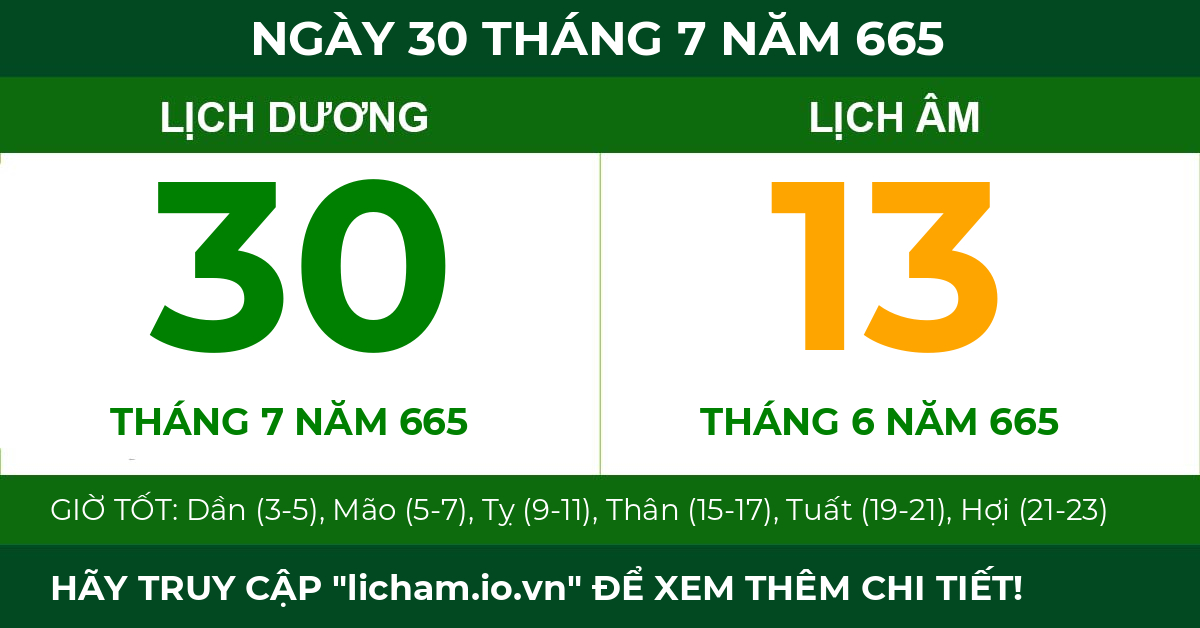 lịch âm ngày 30 tháng 7 năm 665