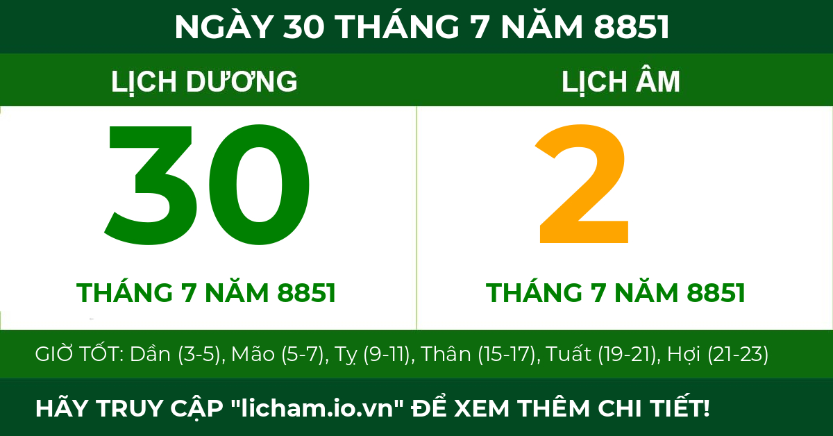 lịch âm ngày 30 tháng 7 năm 8851