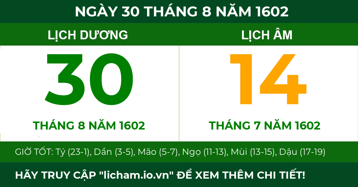 lịch âm ngày 30 tháng 8 năm 1602