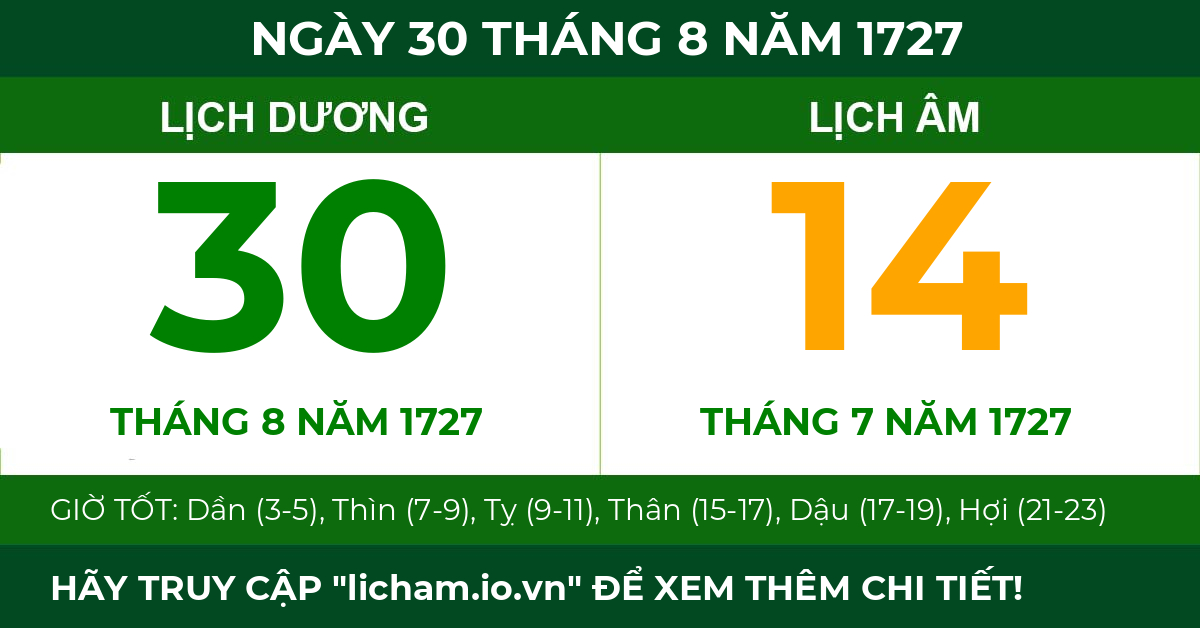 lịch âm ngày 30 tháng 8 năm 1727
