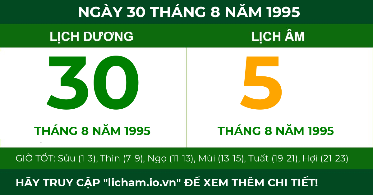 lịch âm ngày 30 tháng 8 năm 1995