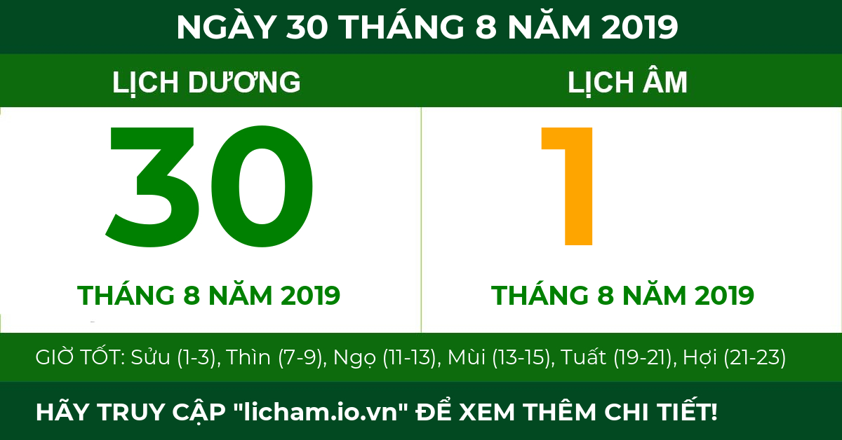 lịch âm ngày 30 tháng 8 năm 2019