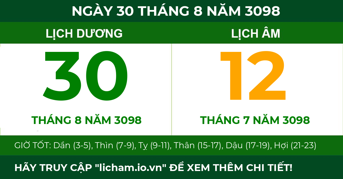 lịch âm ngày 30 tháng 8 năm 3098