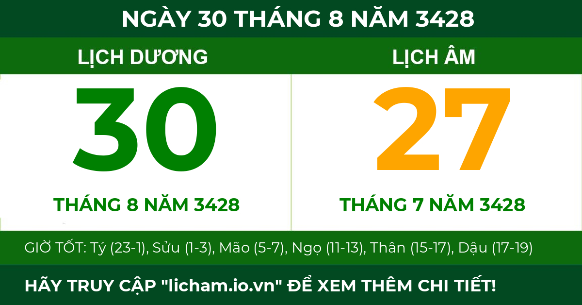 lịch âm ngày 30 tháng 8 năm 3428